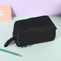 Étui à crayons en toile à double couche à double fenêtre Fermeture à glissière Couleur unie minimaliste Grande capacité Sac multifonctionnel pour étudiants