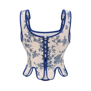 Corset Français à Lacets Top Vintage Grand Imprimé Orchidée Gilet Court <span class=keywords><strong>Bustier</strong></span> Crop <span class=keywords><strong>Dentelle</strong></span> Plié Gilet Blouse Femmes Corset - Product Image 1