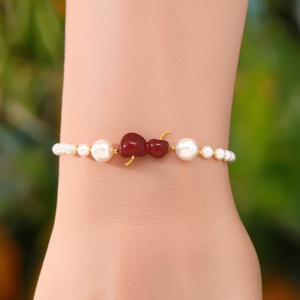 Fashion Charm Bracelet White Pearls <b>Red</b> <b>Bow</b> Gold Plated Stainless Steel Sustainable Resistant Jewelry - Product Image 3