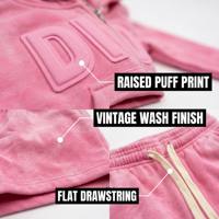 Ensemble short et sweat à capuche zippé en coton peigné épais 400 GSM, coupe courte, rose vintage délavé, avec impression en relief pour femme, style urbain Y2K