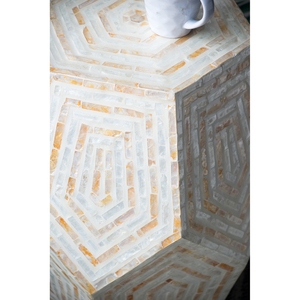 Sgabello Esagonale in Capiz 18x18x21 Giallo Crema Pouf per Arredamento Interno ed Esterno - Product Image 5