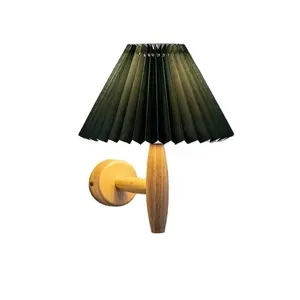 Hotel Sconce Light Modern Decorative Living Room Wall Lamp With Pleated Fabric Lamp Shades Wooden Base hotel home decor