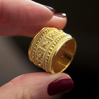 Kadınlar için Geniş Boncuklu CZ Bant Yüzük, 14mm, Altın Kaplama Pirinç Vintage Tasarım, 2 Renk