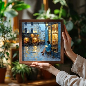 Cuadro al Óleo de Lluvia: Niña Leyendo en la Calle, Paisaje Urbano Impresionista Original, Arte Romántico Francés para Decoración del Hogar y Galería - Product Image 6