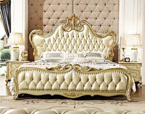 Однотонная дубовая резная двуспальная кровать в Европейском стиле, Золотое шампанское, Главная спальня, свадебная кровать, спальные наборы, продукт - Product Image 6