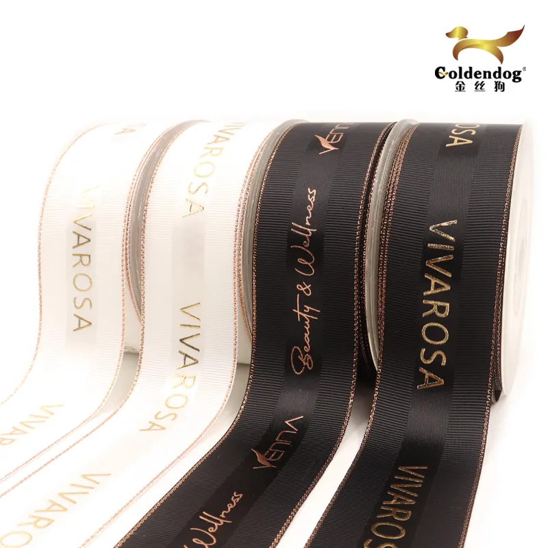 Hot Selling Großhandel Luxus benutzer definierte Markennamen Logo Gold Rand Satin Gros grain Print Band für Geschenk verpackung