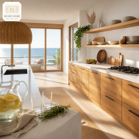 Meubles de cuisine sur mesure pour toute la maison, placage chêne naturel, style côtier, tiroirs sans poignée à fermeture amortie, plan de travail en quartz, fabrication OEM