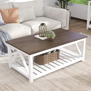 Mesa de centro de granja de madera, mesa de salón vintage rústica con estante, 40 blanco