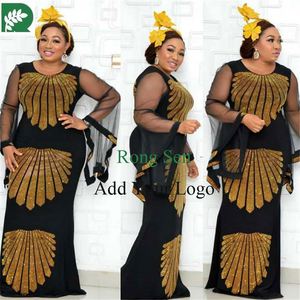 Robe africaine de taille Robe longue extensible avec motifs brillants et manches longues en filet de chauve-souris translucide - Product Image 5