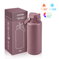 Bouteille isotherme personnalisée en acier inoxydable à double paroi de 32 oz avec paille rabattable – Gourde en acier inoxydable avec paille intégrée