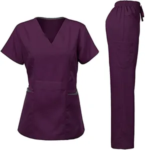 OEM Service 4 Way Stretch Spandex Scrubs For Women And Men V Neck Hospital Uniform Healthcare Pants and Tunice