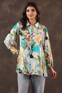 Achetez une tunique pour femme moderne à imprimé floral inspiré de la nature, manches longues bouffantes, coupe ample, vêtements décontractés de créateur - Product Image 3