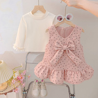 Ensemble robe pour fillette avec nœud gris clair, manches longues, style décontracté, printemps-automne, tenue de princesse pour enfants