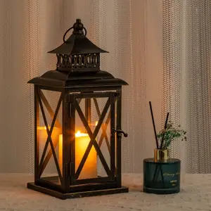 Hot Sale Hanging Vintage Black with Copper Brush Metal Decorative Candle Lanterns for Outdoor Wedding Party