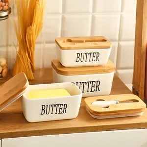 hot sell support customized logo food storage rectangle keeper ceramic butter dish container with bamboo lid and knife