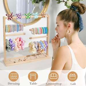 Support de rangement en bois pour chouchous, présentoir de bureau pour élastiques à cheveux pour femmes et filles avec plateau à bijoux, couleur naturelle - Product Image 3