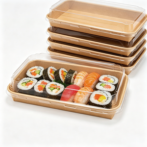 Disposable Kraft Paper Sushi <b>Container</b> Rectangle Waterproof Oilproof Takeaway Food Packaging Box with <b>Clear</b> Lid - Product Image 1