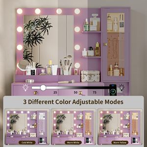 Moderno y Duradero Tocador <span class=keywords><strong>de</strong></span> Madera Ajustable para Dormitorio con Espejo, Luces, Mesa <span class=keywords><strong>de</strong></span> <span class=keywords><strong>Maquillaje</strong></span>, 5 Cajones, Enchufe y Silla - Product Image 5