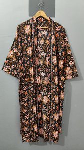 Bata de satén con estampado floral de longitud completa para mujer, manga tres cuartos, cuello con abertura, elegante, de algodón suave tejido, ropa de dormir para primavera - Product Image 4