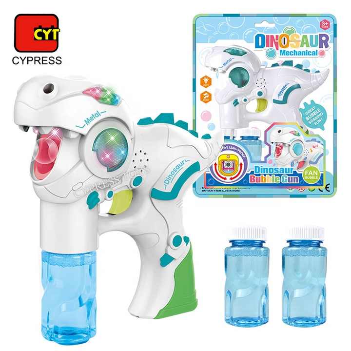 SYNCFUN Pistola De Burbujas Dinosaurio - Máquina Con Forma De Dino, Incluye Bandeja Y Solución, Juguete De Exteriores Para Niños