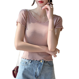 Camiseta de Manga Corta para Mujer, Estilo Moderno, Transpirable, Informal, con Mangas de Encaje, Ajustada, de Cintura Alta, para Verano - Product Image 1