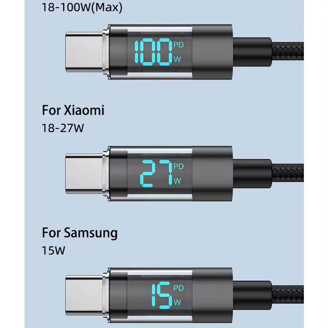 Transparent USB C to C Cable 100W PD Fast Charging Cord With LCD Digital Display Type C Data Charger Cable