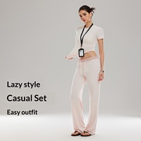 Ensemble 2 pièces d'été pour femme, style américain, col rond, manches courtes, viscose élasthanne, haut super extensible moulant, pantalon droit et large
