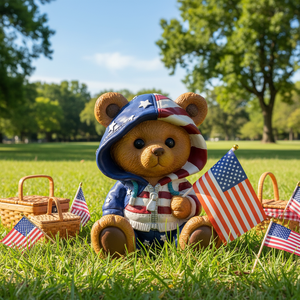Petit ours assis portant un <span class=keywords><strong>manteau</strong></span> à capuche tenant un drapeau américain célébrant la fête de l'indépendance du 4 juillet, fait main, peint à la main, MGO - Product Image 1