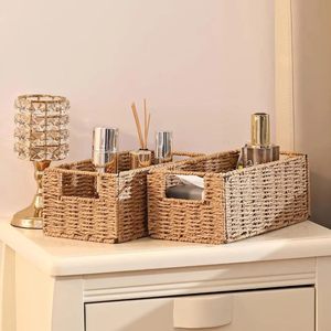 Woven Storage <b>Basket</b> Rectangle Handmade <b>Foldable</b> For Sundries Cabinet Organizer Rope Weave <b>Basket</b> - Product Image 1