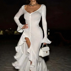 Abito lungo <span class=keywords><strong>da</strong></span> donna aderente con spacco <span class=keywords><strong>e</strong></span> orlo a balze irregolare, sexy, monopetto, scollo a V profondo, casual. MOQ 1 - Product Image 1