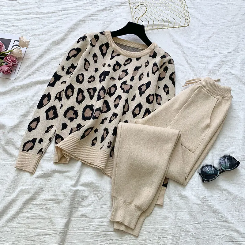 Women's Long Sleeve Knit Leopard Pullover Sweaters Elastic Waist Pants Sets Fashion Trousers Two Pieces Costumes Outfit