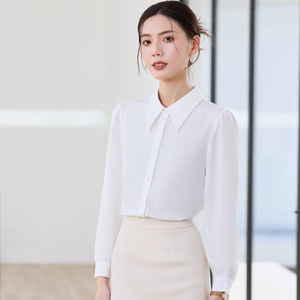 White Long Sleeve Shirt Women Professional Work Blouse Solid Color Poplin Fabric Button Front Elegant Office Wear - Product Image 2