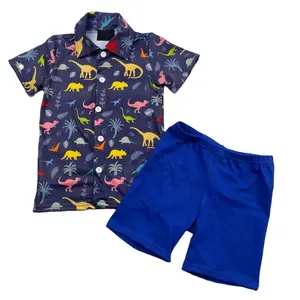 Baju Anak Desainer Set Balita Laki-laki Monster Truck Button Up T-Shirt dan Celana Pendek Dinosaurus