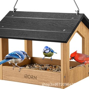 Mangeoire à oiseaux suspendue en bois massif pour extérieur, toutes saisons, résistante à la pluie, pour patio/balcon - Product Image 5