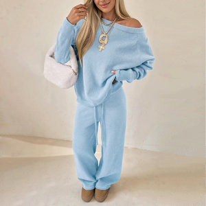 Ensemble tricoté personnalisé pour femme, pull à épaules dénudées à manches longues et pantalon large à cordon de serrage, doux et décontracté, deux pièces pour l'hiver - Product Image 2