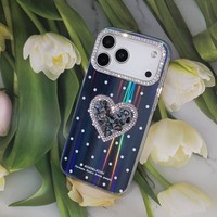 Coque de téléphone tendance à pois laser, avec strass en forme de cœur 3D effet pierre concassée et cadre d'appareil photo, pour iPhone 11 12 13 14 15 16 17 18, pour commande en gros
