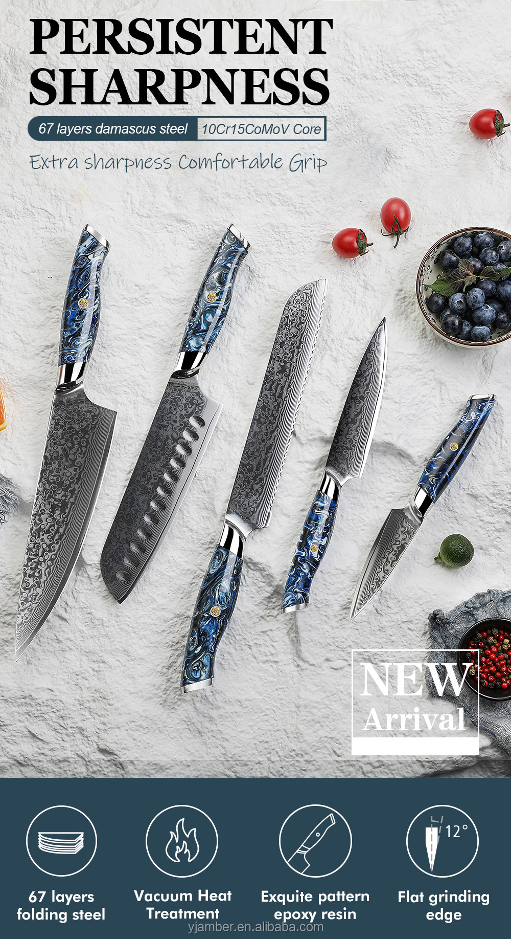 アンバーラグジュアリー5pcVG10ダマスカススチールナイフセット