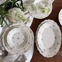 Service de table en céramique rose floral vintage français 2026 avec bord festonné en dentelle, ensemble de tasses et assiettes en porcelaine pour la location événementielle