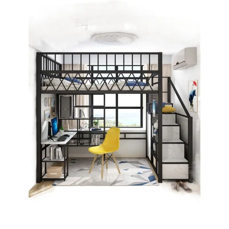 Nordic Modern Metal Loft Bunk Bed With Storage Apartment Dormitory Iron Bed Space-saving Multifunctional Floor Bedroom Furniture