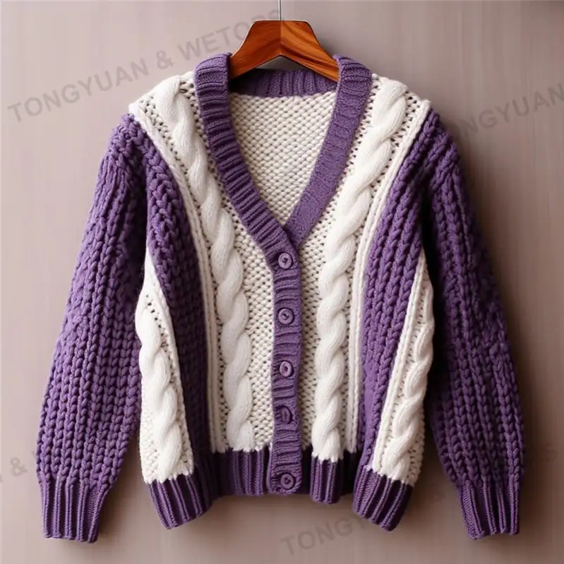 OEM ODM Custom Clothing Manufacturers Knitted Alpha Kapp Sorority Greek Purple And White Cardigan Aztec Woman Sweaters