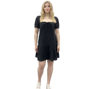 OEM ODM prevalente abito nero da donna con colletto quadrato estivo a maniche corte da donna abito Casual plissettato alino - Product Image 4