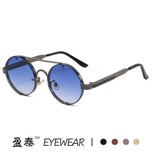 Retro <b>Round</b> <b>Frame</b> <b>Sunglasses</b> Metal Spring Temples Double Bridge Steampunk Style Men UV400 Protection Gold - Product Image 3