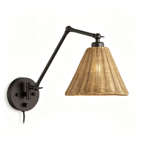 Applique murale en rotin à bras articulé, lampe murale réglable en métal noir avec abat-jour en rotin pour chambre à coucher, hôtel, éclairage de lecture