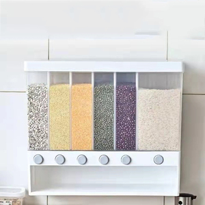 10 L Wall Mounted Divided Rice and Cereal Dispenser 6 Moisture Proof Plastic Automatic Racks Sealed Food Storage Box