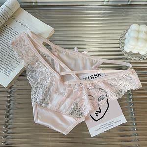 Braguitas de satén rosa con encaje para mujer, de talle medio, elegantes, transpirables, de secado rápido, con tirantes finos y lazo. - Product Image 3