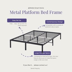 WEKIS New Design Easy Assembly 16 Inch Queen Bed <b>Frame</b> No Box Spring Needed Black Heavy Duty Metal TWIN Queen Platform Bed <b>Frame</b> - Product Image 2