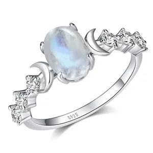 Cubic Zirconia Band Finger Ring Genuine Moonstone Ring Sterling Silver Jewelry Oval Moonstone for Women Girls