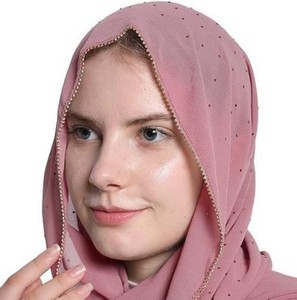 Top vente femmes confortable solide motif musulman Hijab écharpe longue en mousseline de soie fermeture éclair chaîne perles pierre en gros ethnique Bandanas - Product Image 1