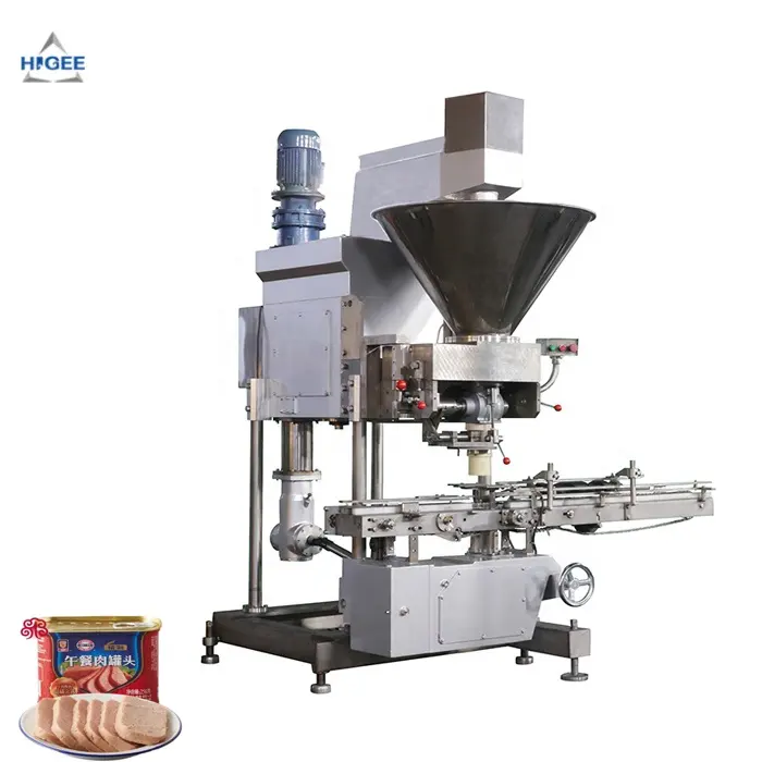 Higee pork luncheon meat canned filling and seaming machine with 198g 340g round metal tin cas meatloaf filler seamer