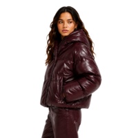 Veste matelassée à capuche pour femme, bordeaux foncé, en similicuir, manteau d'hiver brillant, isolé, matelassé, style bomber, parka, vêtement d'extérieur